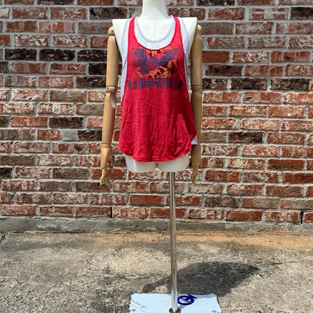 Free People We the Free Indonesia layered red top w/lace & stripes / XS / EUC - Picture 12 of 17